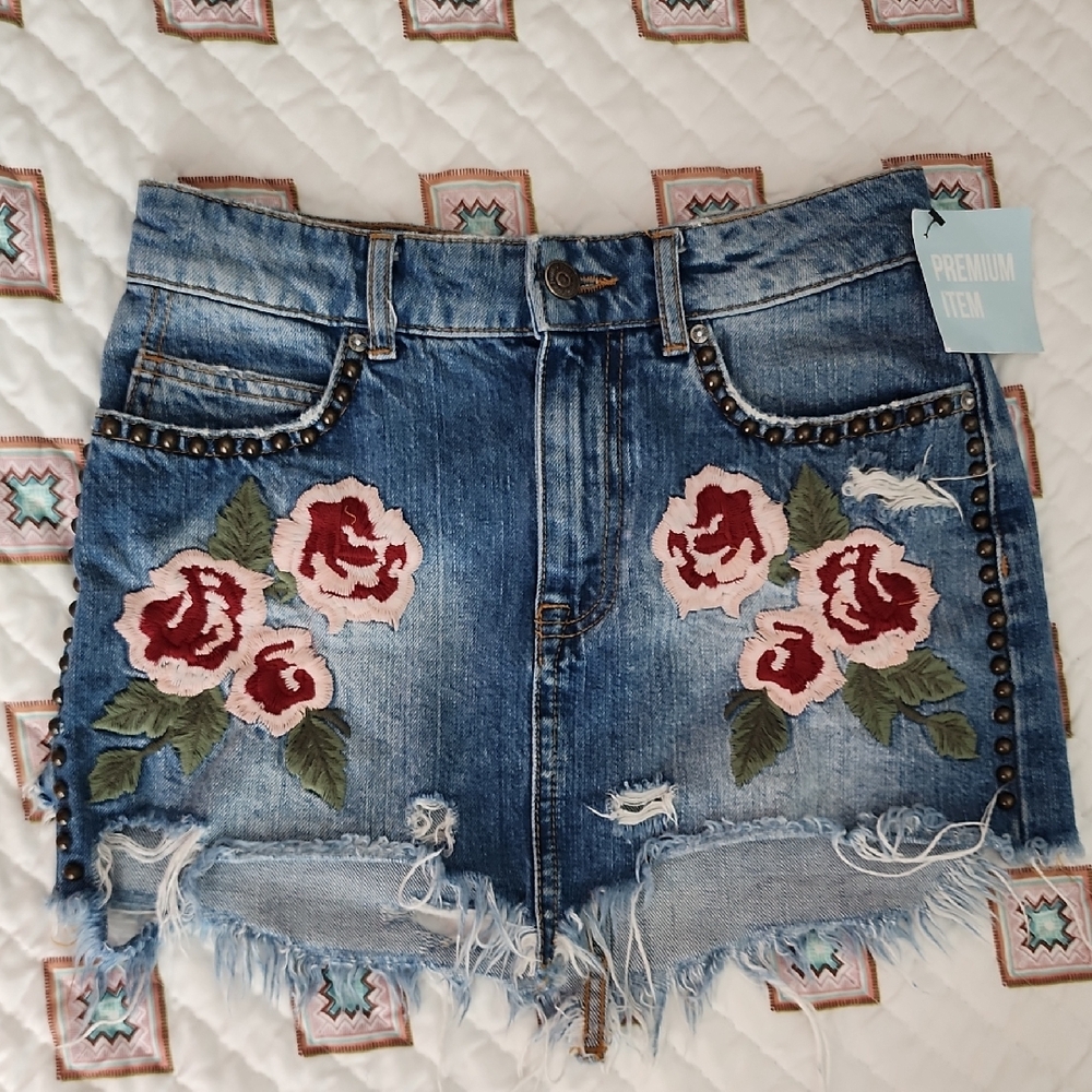 Free People Flower Embroidered Studded Denim Mini Skirt